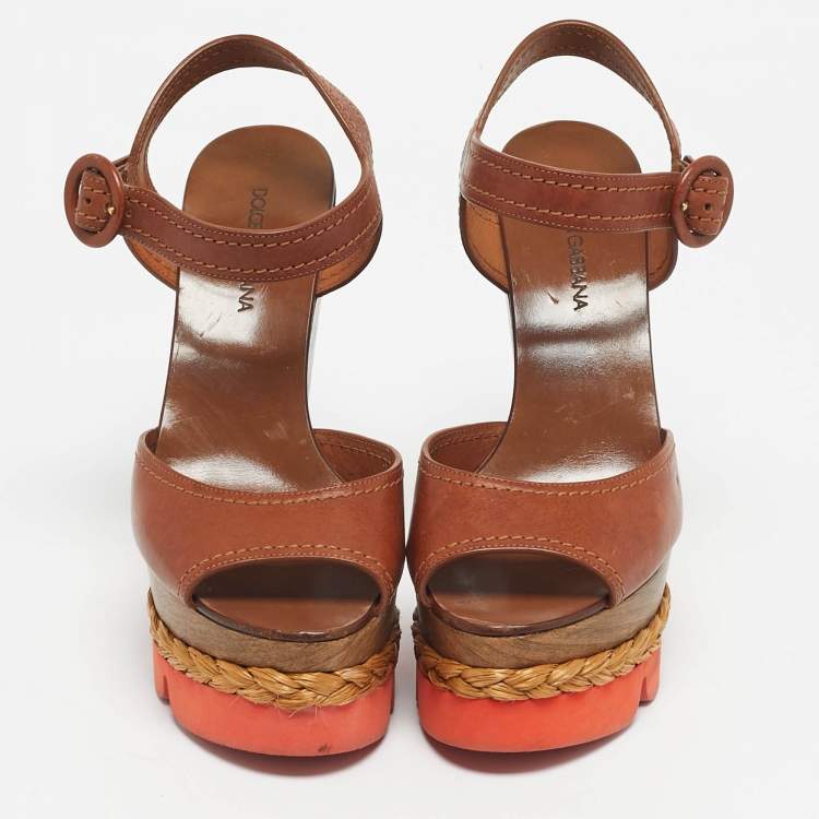 Pre Owned Dolce & Gabbana Brown Leather Ankle Strap Wedge Sandals Size 38.5