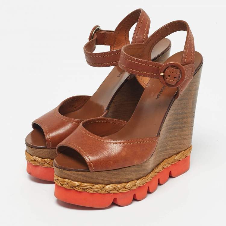 Pre Owned Dolce & Gabbana Brown Leather Ankle Strap Wedge Sandals Size 38.5
