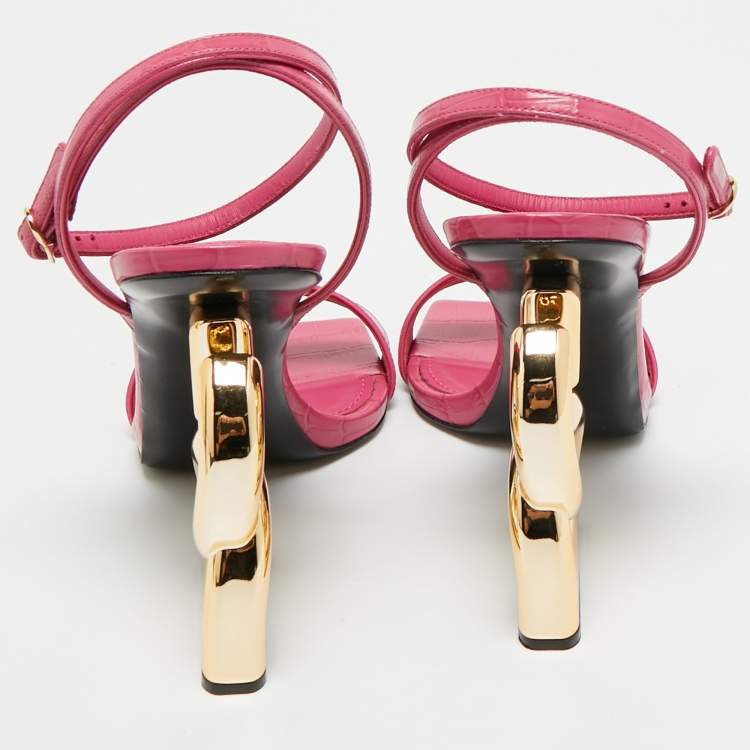 Pre Owned Dolce & Gabbana Pink Croc Embossed Leather Ankle Strap Sandals Size 39