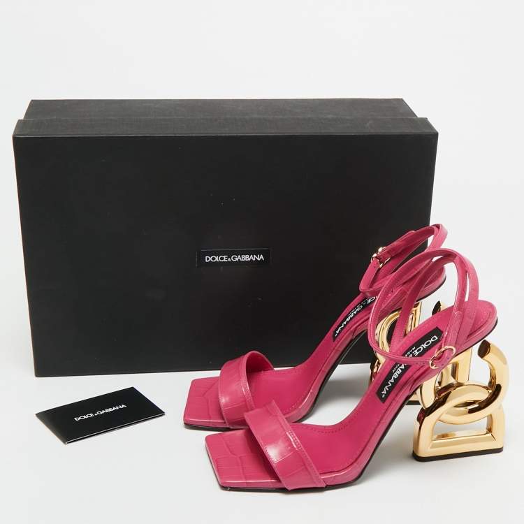Pre Owned Dolce & Gabbana Pink Croc Embossed Leather Ankle Strap Sandals Size 39