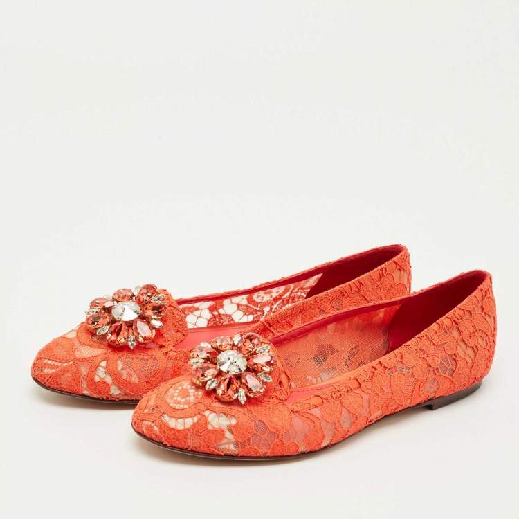 Pre Owned Dolce & Gabbana Red Lace Crystal Embellished Taormina Ballet Flats Size 39