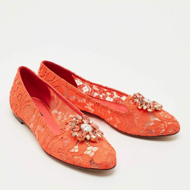 Pre Owned Dolce & Gabbana Red Lace Crystal Embellished Taormina Ballet Flats Size 39