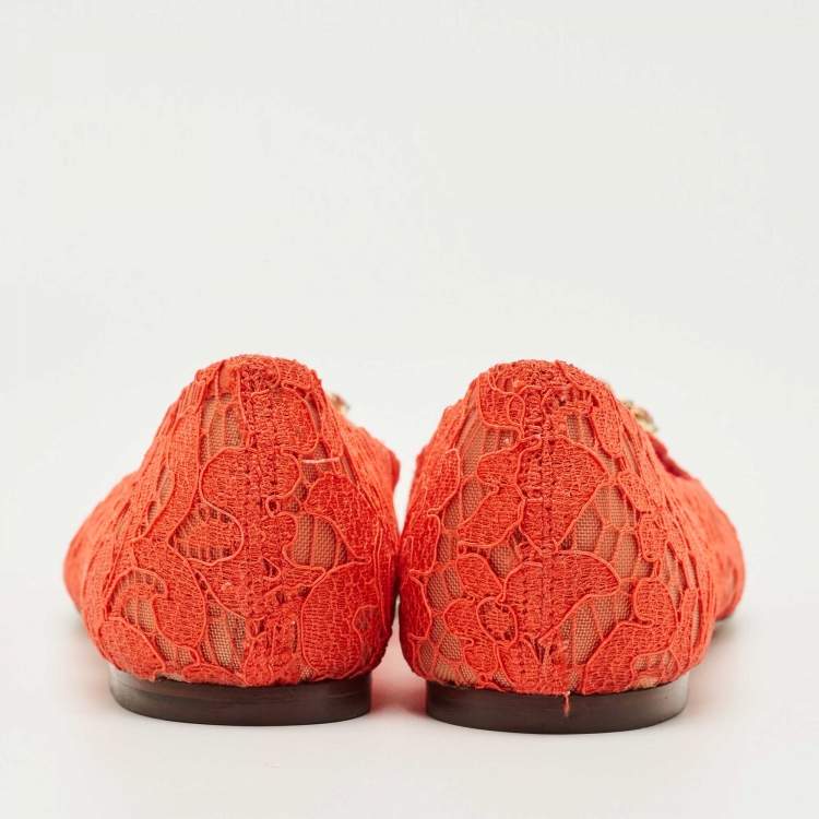 Pre Owned Dolce & Gabbana Red Lace Crystal Embellished Taormina Ballet Flats Size 39