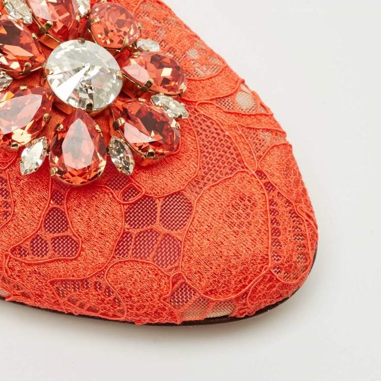 Pre Owned Dolce & Gabbana Red Lace Crystal Embellished Taormina Ballet Flats Size 39