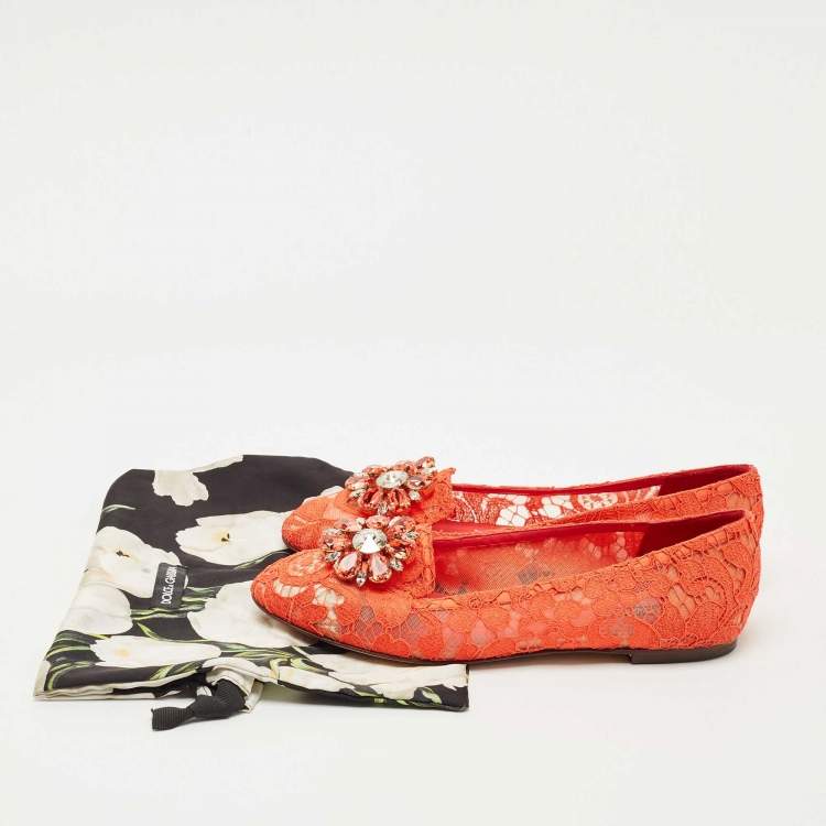 Pre Owned Dolce & Gabbana Red Lace Crystal Embellished Taormina Ballet Flats Size 39