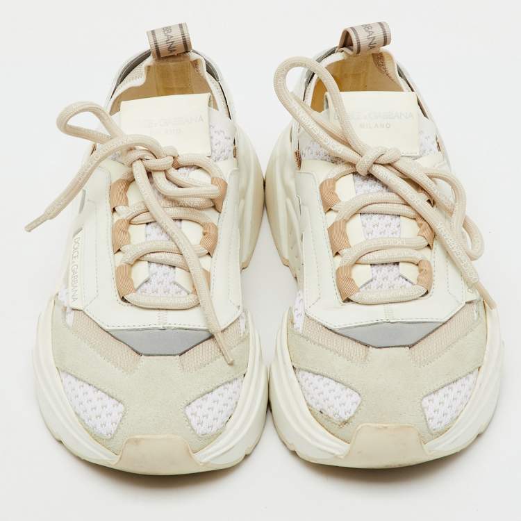Pre Owned Dolce & Gabbana White/Beige Knit Fabric and Leather Daymaster Sneakers Size 37.5