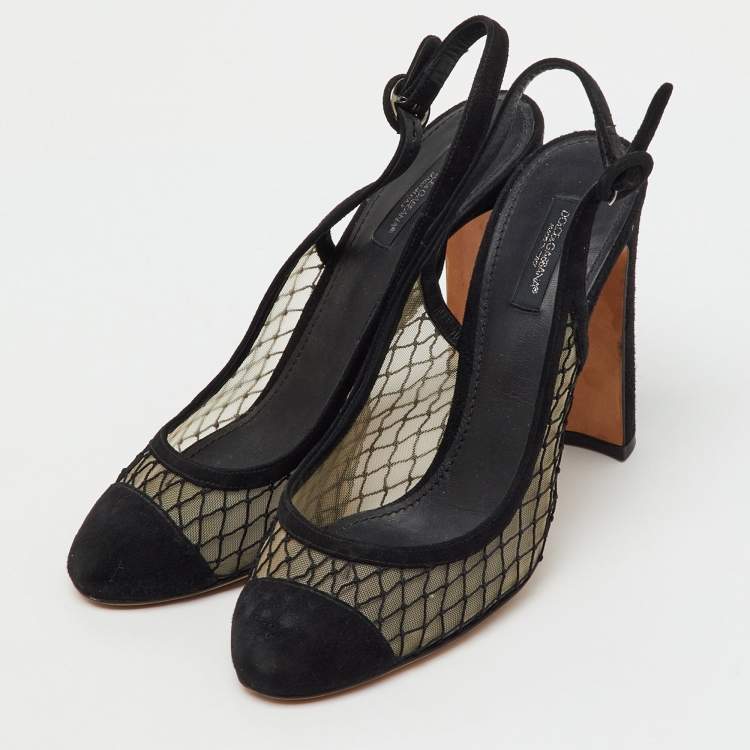 Pre Owned Dolce & Gabbana Black Suede and Mesh Cap Toe Slingback Pumps Size 40