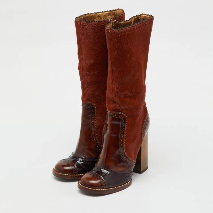 Pre Owned Dolce & Gabbana Brown Patent Leather and Calf Hair Calf Length Boots Size 39