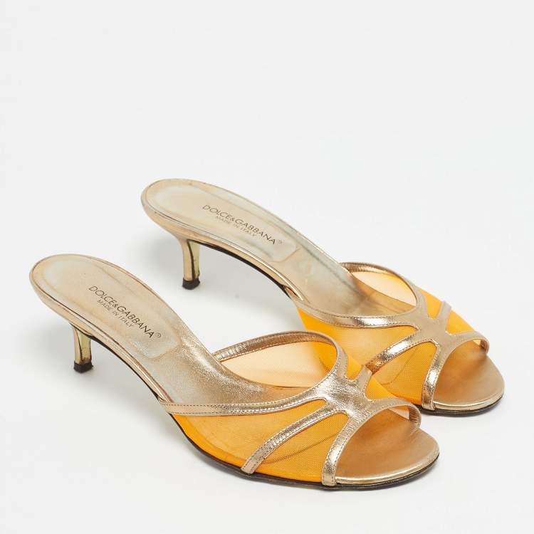 Pre Owned Dolce & Gabbana Gold/Orange Leather and Mesh Slide Sandals Size 39.5