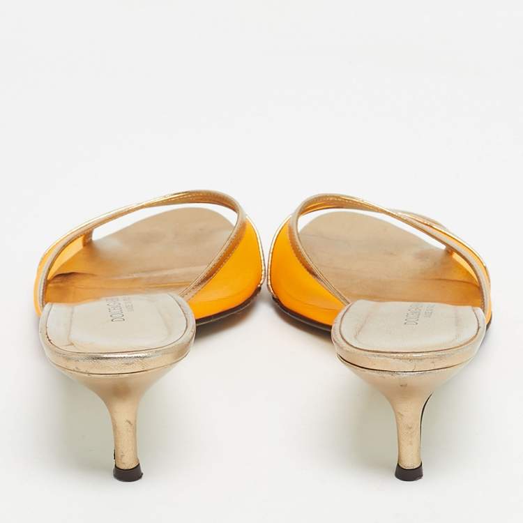 Pre Owned Dolce & Gabbana Gold/Orange Leather and Mesh Slide Sandals Size 39.5