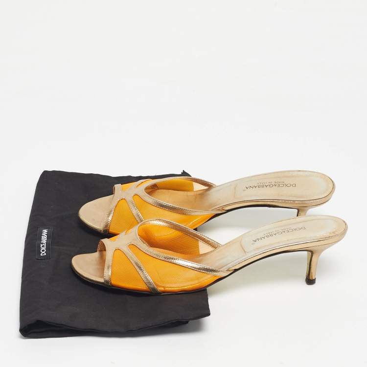 Pre Owned Dolce & Gabbana Gold/Orange Leather and Mesh Slide Sandals Size 39.5