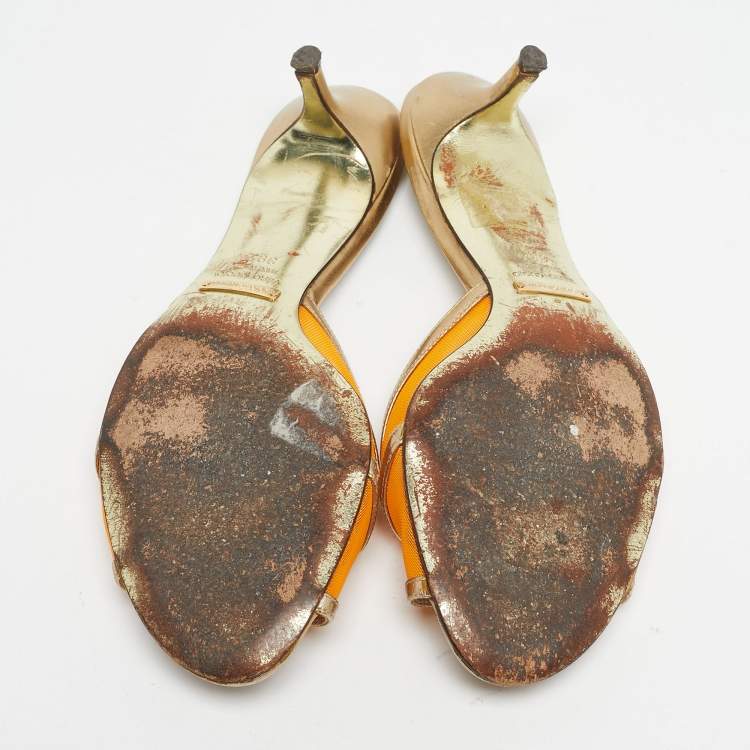 Pre Owned Dolce & Gabbana Gold/Orange Leather and Mesh Slide Sandals Size 39.5
