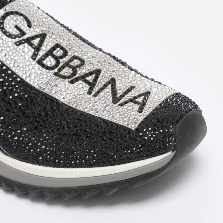 Pre Owned Dolce & Gabbana Black/Silver Crystal Embellished Knit Fabric Sorrento Sneakers Size 38