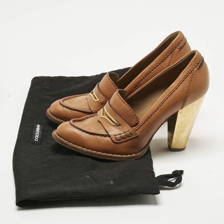 Pre Owned Dolce & Gabbana Tan Leather Loafer Pumps Size 39