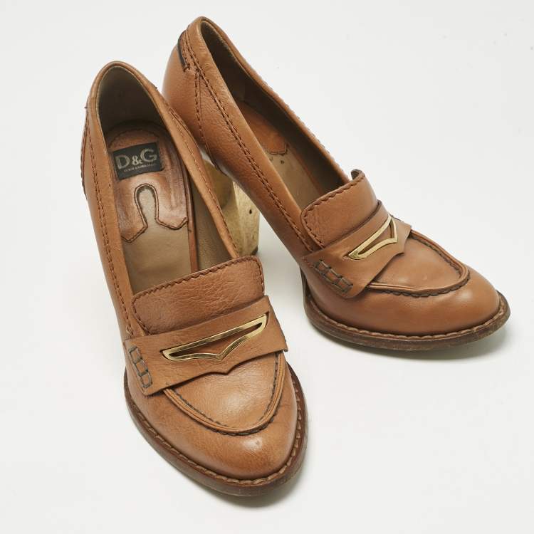 Pre Owned Dolce & Gabbana Tan Leather Loafer Pumps Size 39