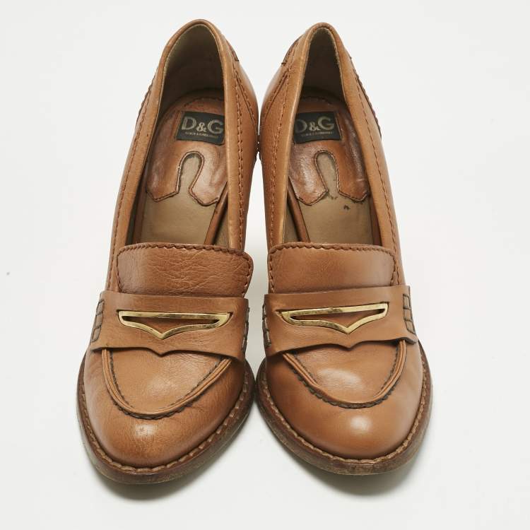 Pre Owned Dolce & Gabbana Tan Leather Loafer Pumps Size 39