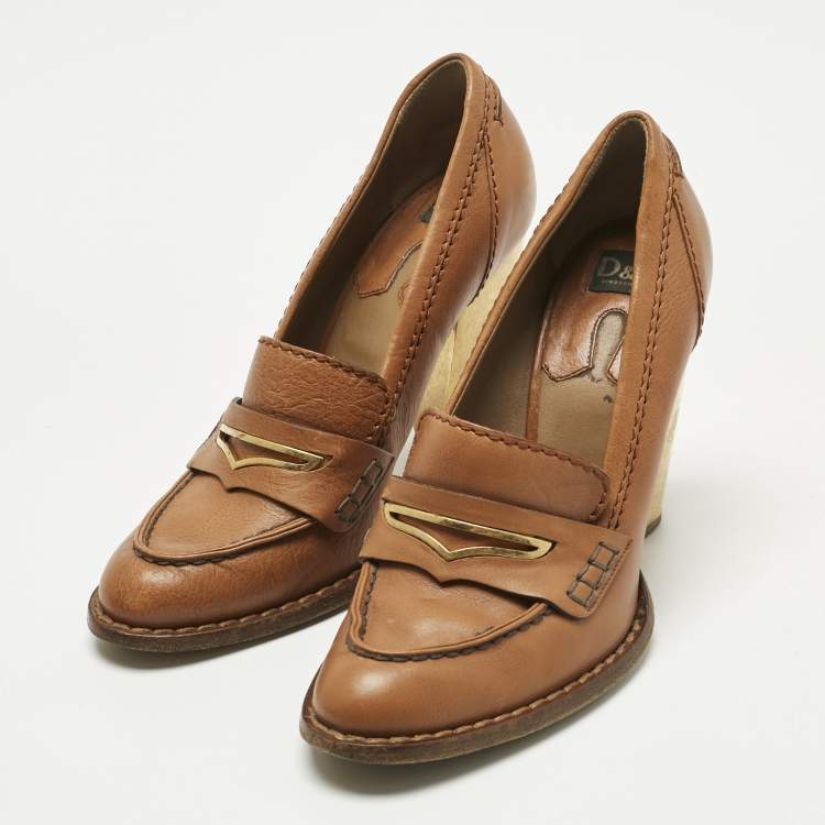 Pre Owned Dolce & Gabbana Tan Leather Loafer Pumps Size 39
