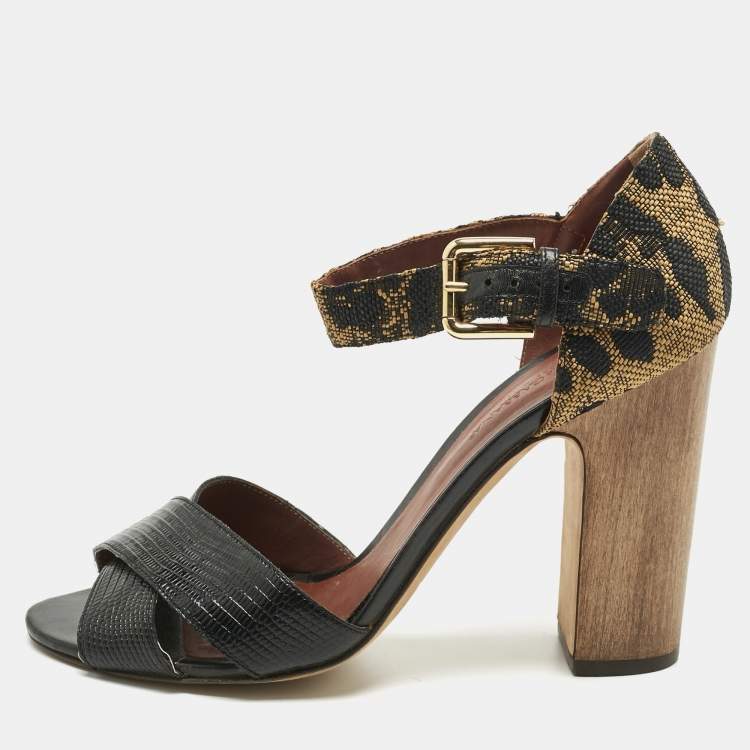 Pre Owned Dolce & Gabbana Black/Brown Lizard Embossed Leather and Raffia Ankle Strap Sandals Size 40