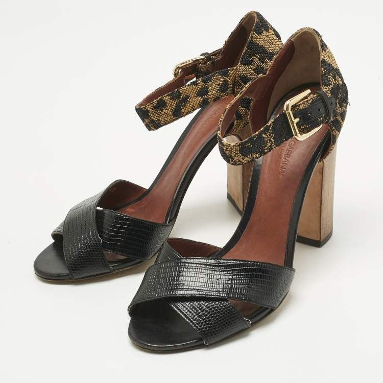 Pre Owned Dolce & Gabbana Black/Brown Lizard Embossed Leather and Raffia Ankle Strap Sandals Size 40