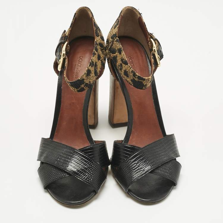 Pre Owned Dolce & Gabbana Black/Brown Lizard Embossed Leather and Raffia Ankle Strap Sandals Size 40
