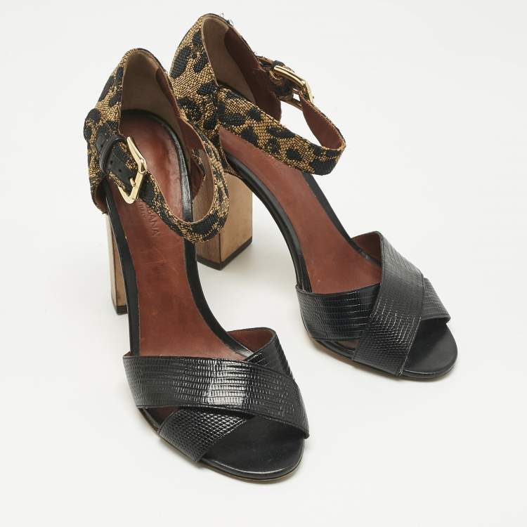 Pre Owned Dolce & Gabbana Black/Brown Lizard Embossed Leather and Raffia Ankle Strap Sandals Size 40