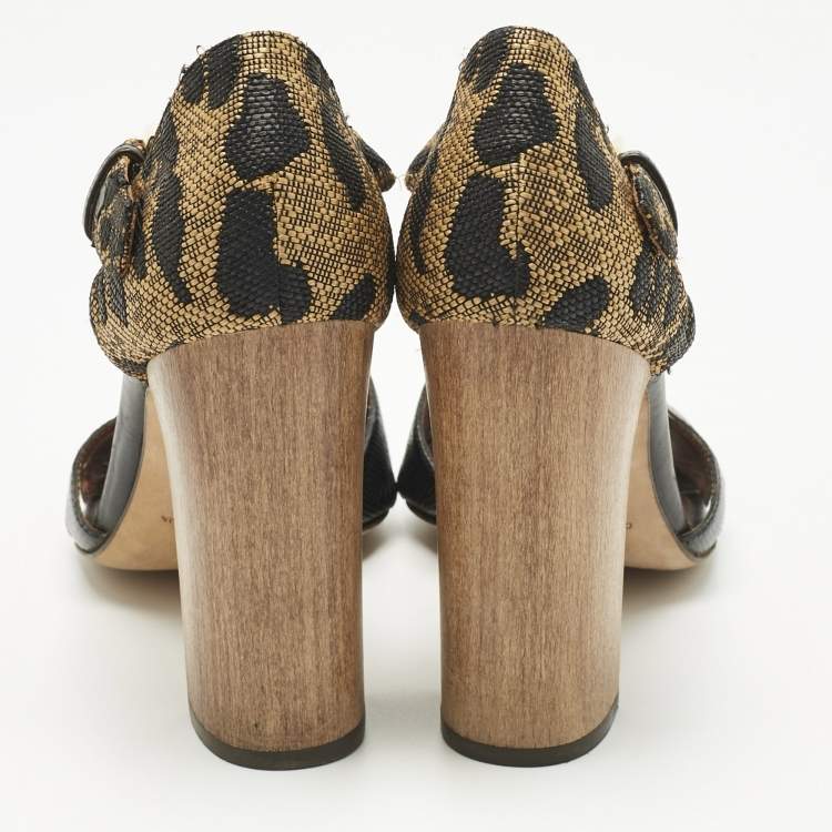 Pre Owned Dolce & Gabbana Black/Brown Lizard Embossed Leather and Raffia Ankle Strap Sandals Size 40