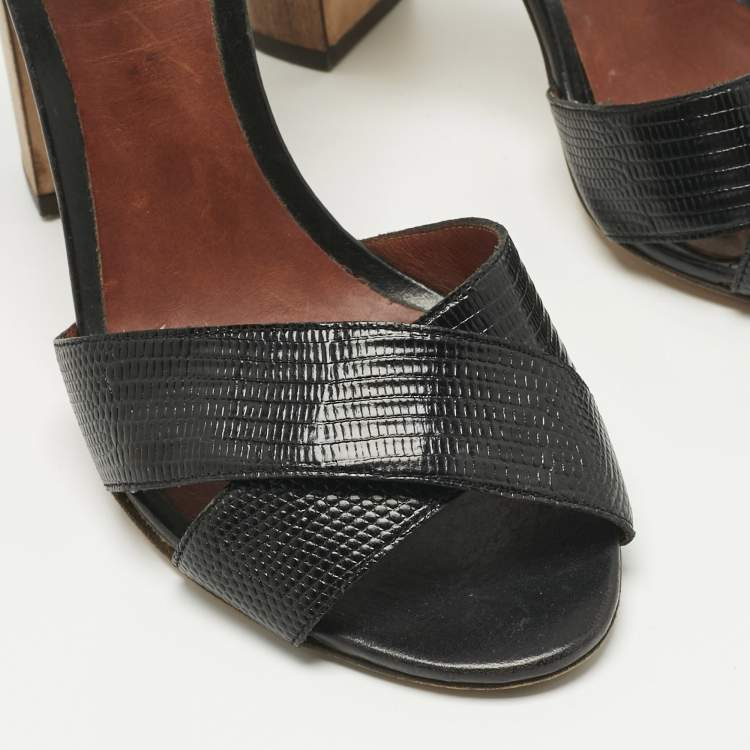 Pre Owned Dolce & Gabbana Black/Brown Lizard Embossed Leather and Raffia Ankle Strap Sandals Size 40
