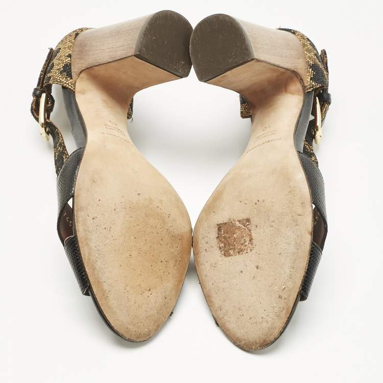 Pre Owned Dolce & Gabbana Black/Brown Lizard Embossed Leather and Raffia Ankle Strap Sandals Size 40