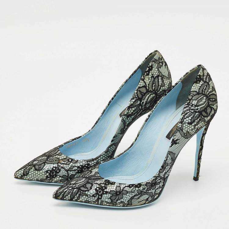 Pre Owned Dolce & Gabbana Black/Blue Lace and Patent Leather Pointed Toe Pumps Size 38.5