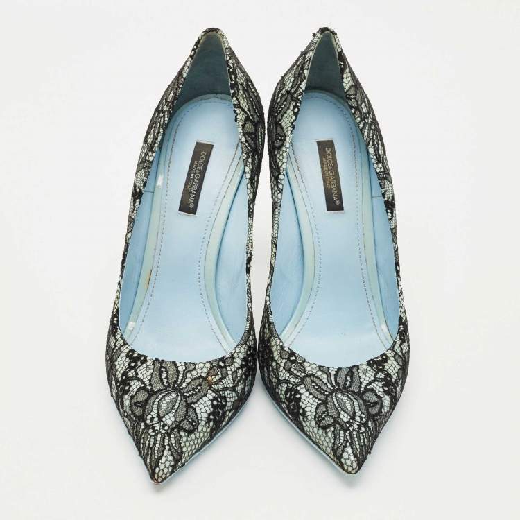 Pre Owned Dolce & Gabbana Black/Blue Lace and Patent Leather Pointed Toe Pumps Size 38.5