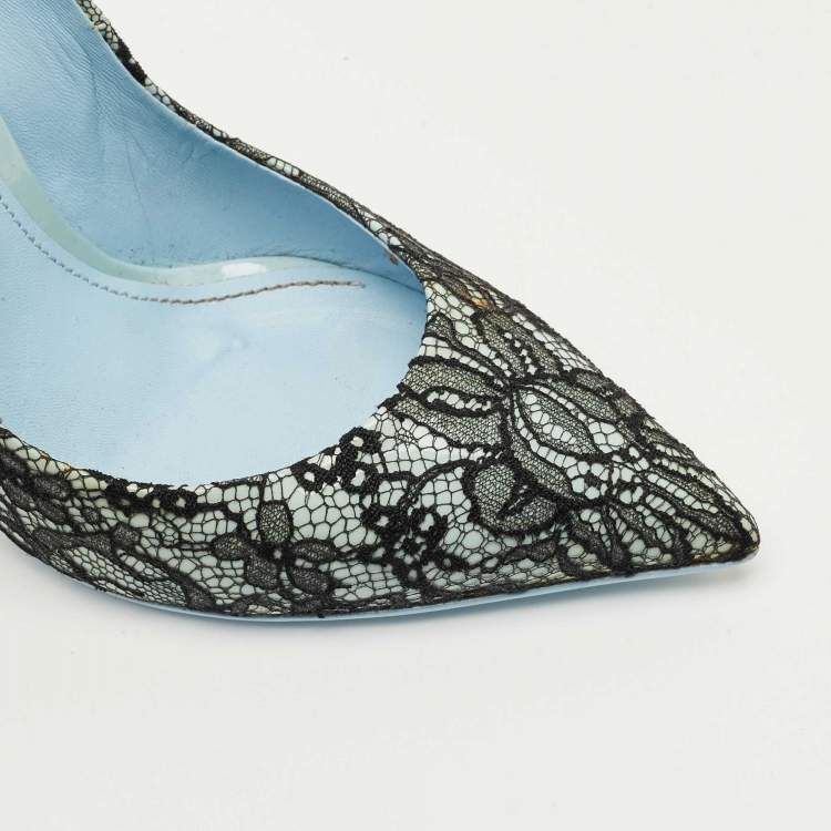 Pre Owned Dolce & Gabbana Black/Blue Lace and Patent Leather Pointed Toe Pumps Size 38.5