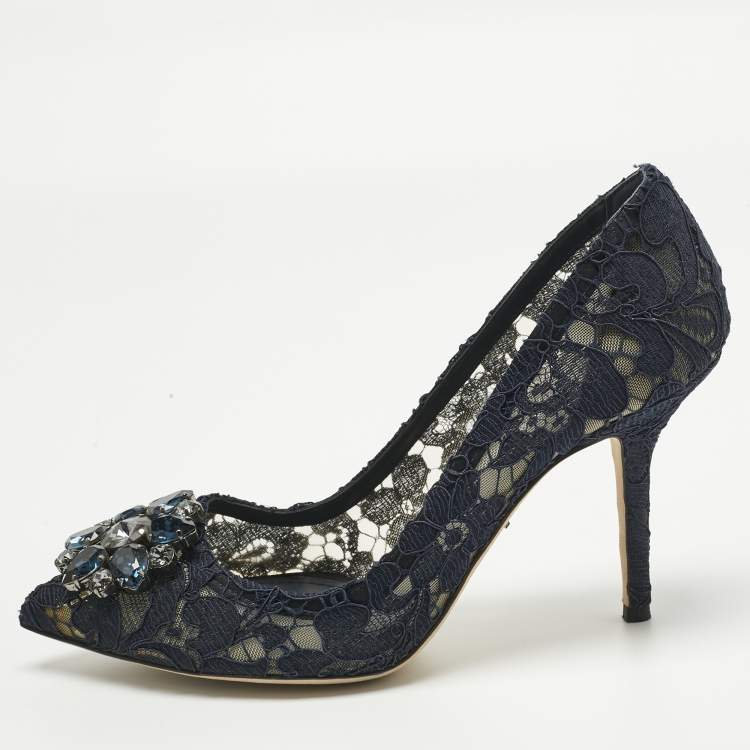 Pre Owned Dolce & Gabbana Navy Blue Lace Crystal Embellished Bellucci Pointed Toe Pumps Size 39