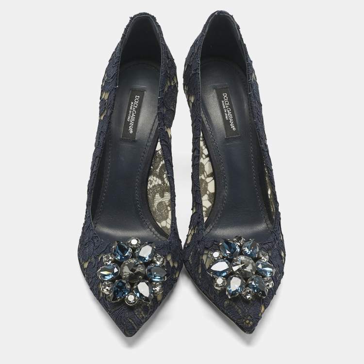 Pre Owned Dolce & Gabbana Navy Blue Lace Crystal Embellished Bellucci Pointed Toe Pumps Size 39