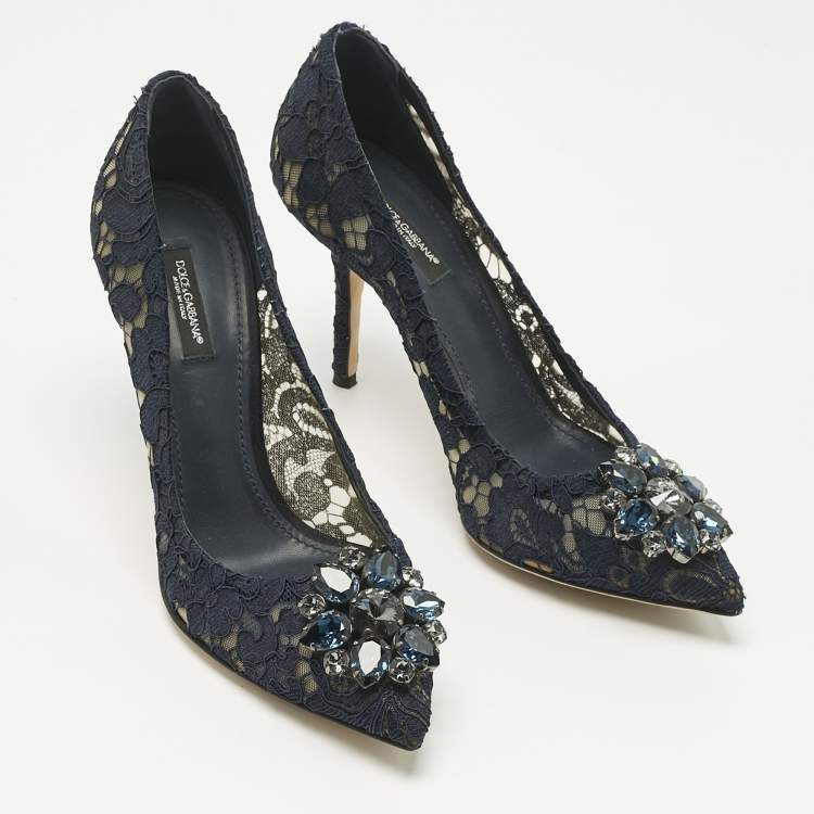 Pre Owned Dolce & Gabbana Navy Blue Lace Crystal Embellished Bellucci Pointed Toe Pumps Size 39