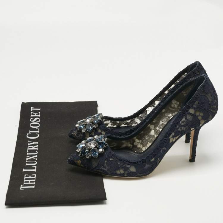 Pre Owned Dolce & Gabbana Navy Blue Lace Crystal Embellished Bellucci Pointed Toe Pumps Size 39