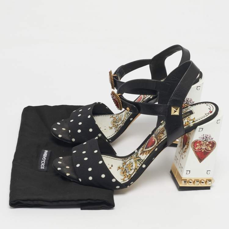 Pre Owned Dolce & Gabbana White/Black Leather Heart Buckle Polka Dot Cady Sandals Size 39.5