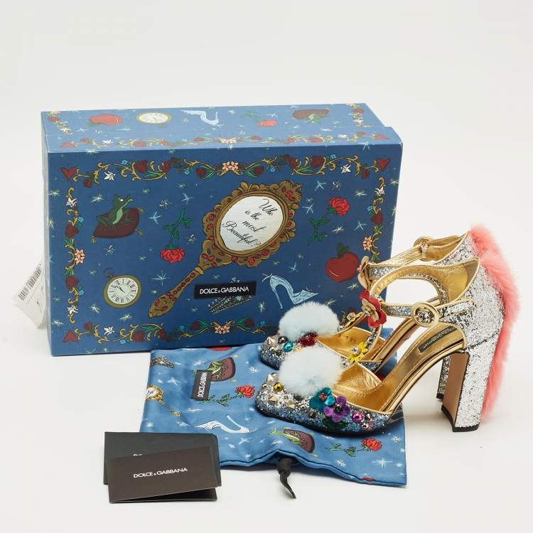 Pre Owned Dolce & Gabbana Silver Glittered and Leather Fluffy Mary Jane Pumps Size 37.5