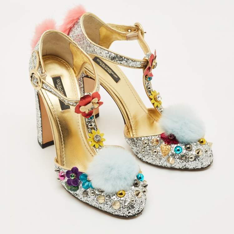 Pre Owned Dolce & Gabbana Silver Glittered and Leather Fluffy Mary Jane Pumps Size 37.5