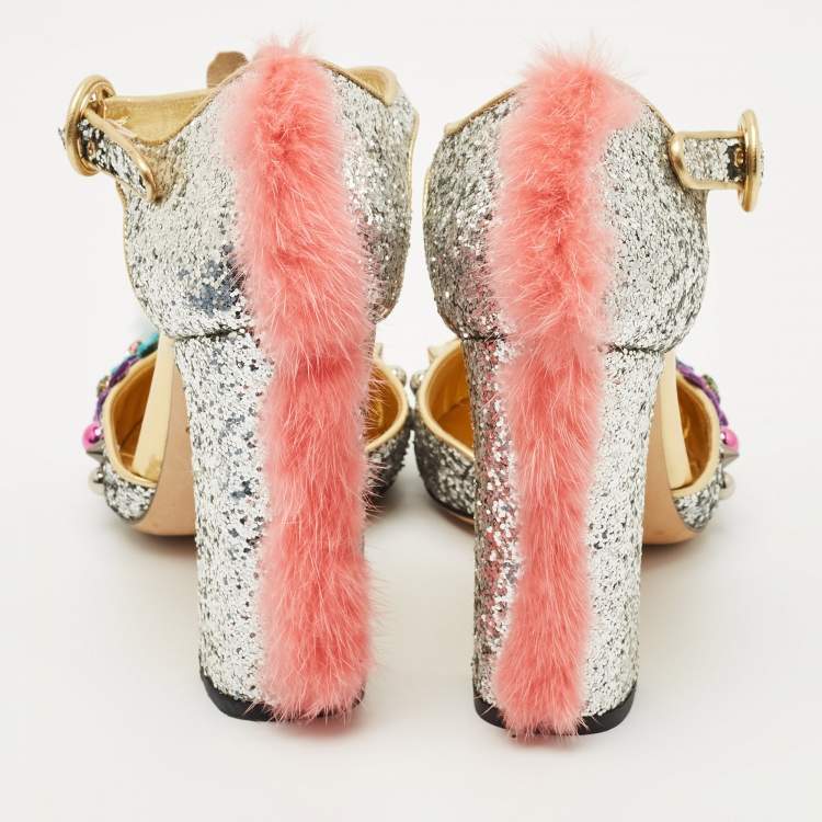 Pre Owned Dolce & Gabbana Silver Glittered and Leather Fluffy Mary Jane Pumps Size 37.5