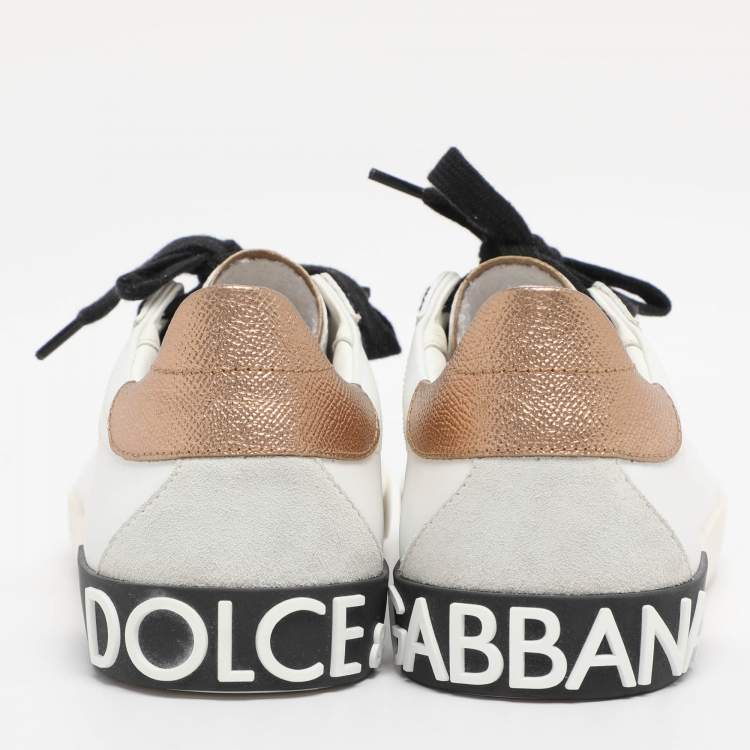 Pre Owned Dolce & Gabbana White/Gold Leather Portofino Low Top Sneakers Size 40