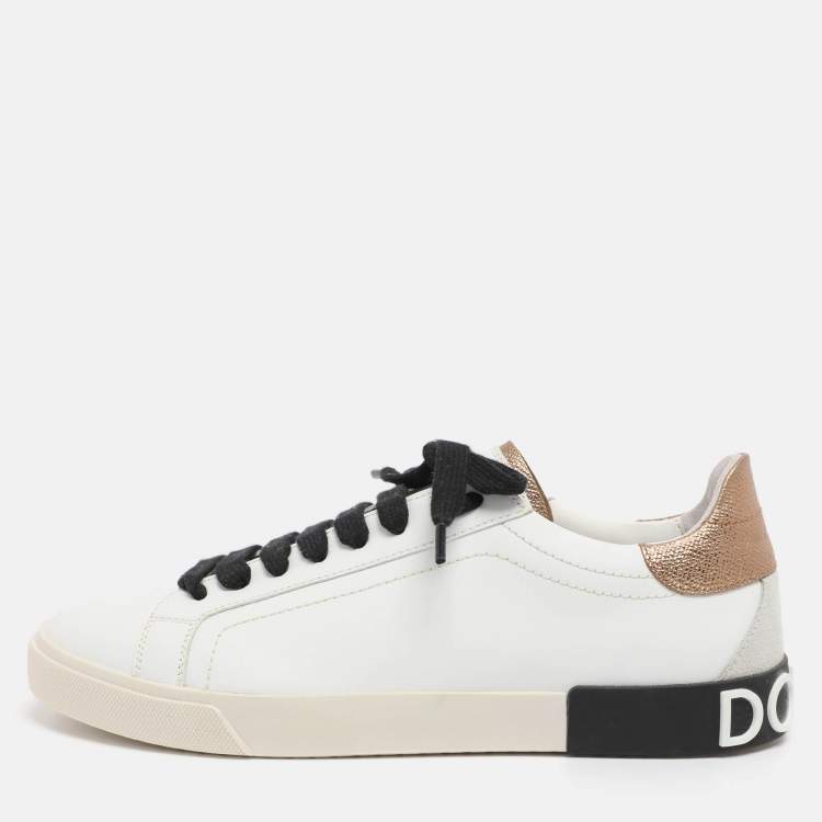 Pre Owned Dolce & Gabbana White/Gold Leather Portofino Low Top Sneakers Size 40