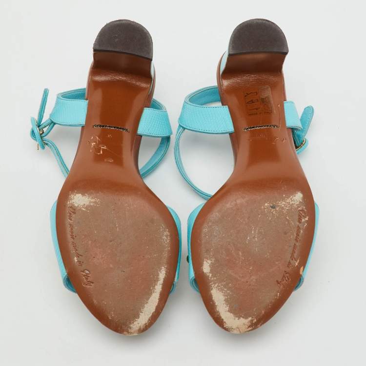 Pre Owned Dolce & Gabbana Blue Lizard Embossed Leather Embellished Block Heel Ankle Strap Sandals Size 35