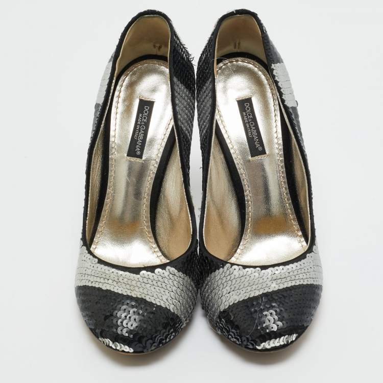 Pre Owned Dolce and Gabbana Black/Silver Sequin Round Toe Pumps Size 36.5