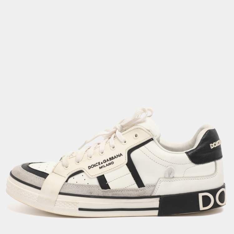 Pre Owned Dolce & Gabbana White/Black Leather and Suede Custom 2.Zero Low Top Sneakers Size 43
