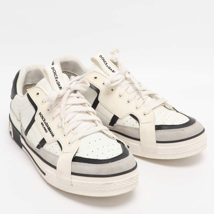 Pre Owned Dolce & Gabbana White/Black Leather and Suede Custom 2.Zero Low Top Sneakers Size 43