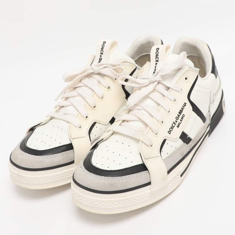 Pre Owned Dolce & Gabbana White/Black Leather and Suede Custom 2.Zero Low Top Sneakers Size 43