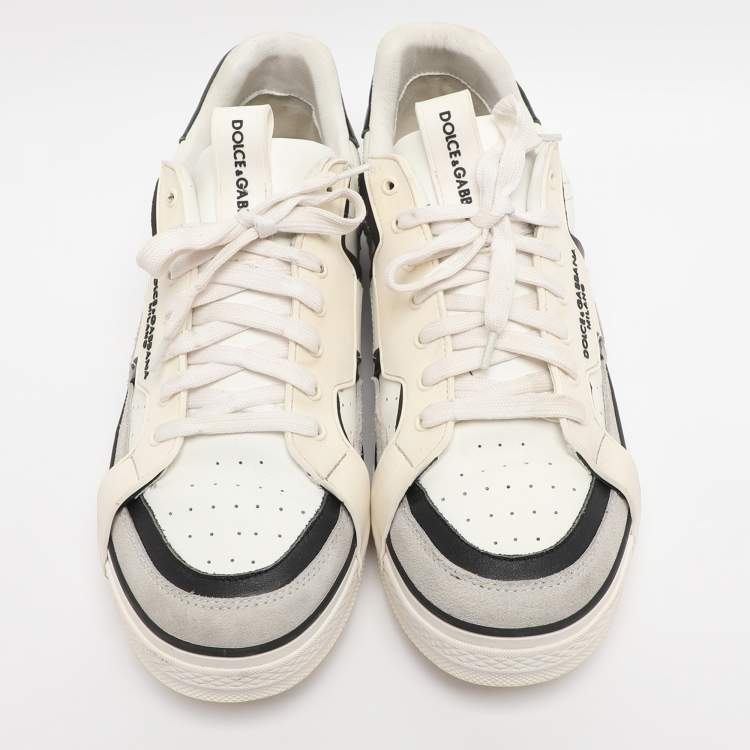 Pre Owned Dolce & Gabbana White/Black Leather and Suede Custom 2.Zero Low Top Sneakers Size 43