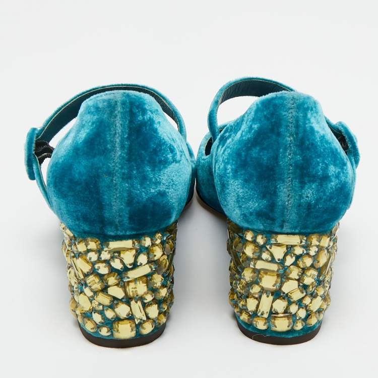 Pre Owned Dolce & Gabbana Blue Velvet Crystal Embellished Mary Jane Pumps Size 36.5