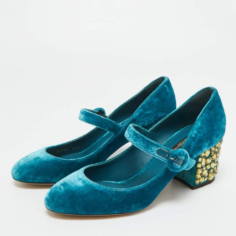 Pre Owned Dolce & Gabbana Blue Velvet Crystal Embellished Mary Jane Pumps Size 36.5