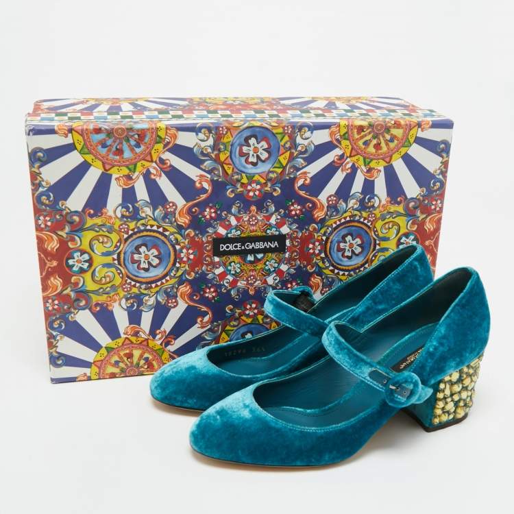 Pre Owned Dolce & Gabbana Blue Velvet Crystal Embellished Mary Jane Pumps Size 36.5